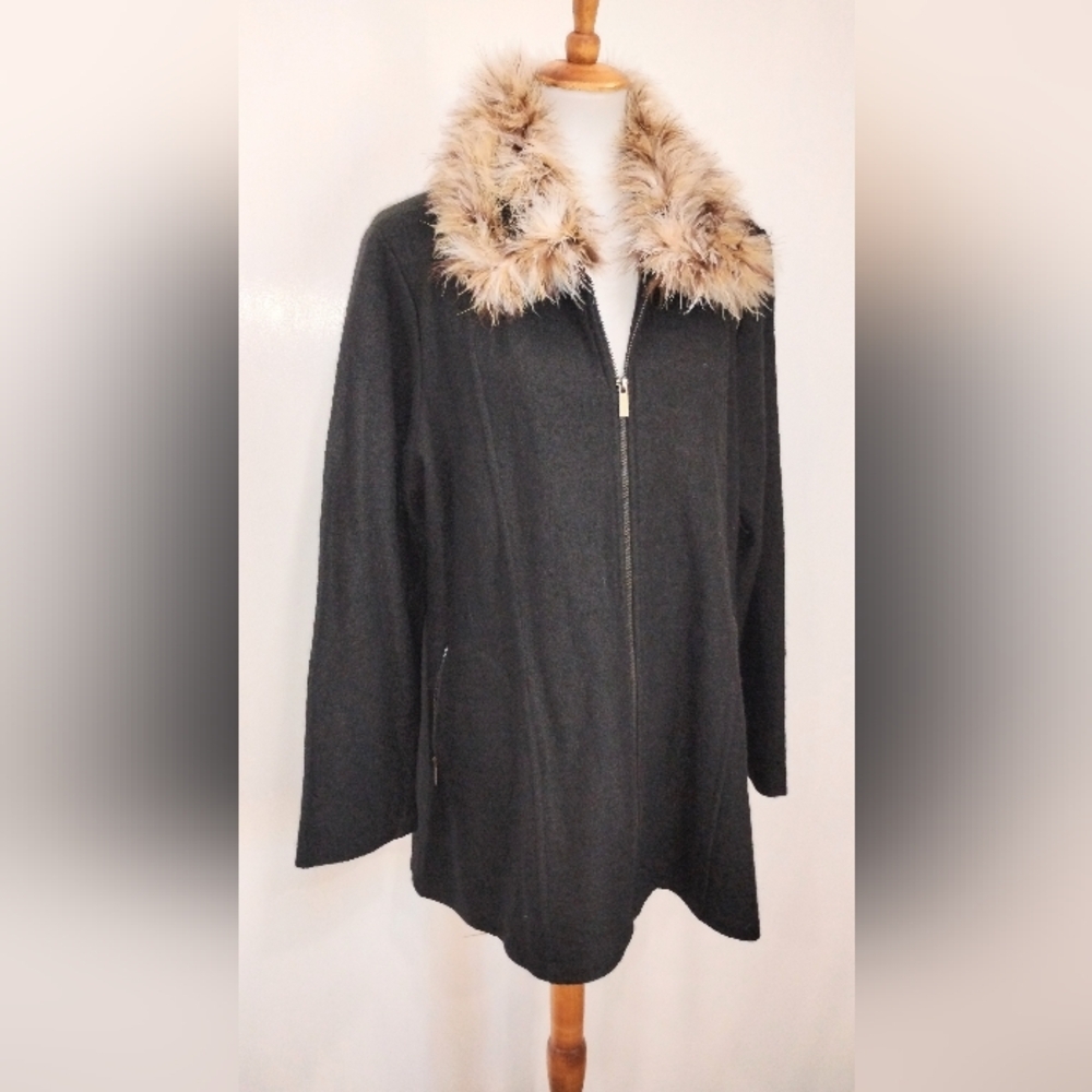 FOR CYNTHIA BLACK SWING COAT WITH FEATHER COLLAR